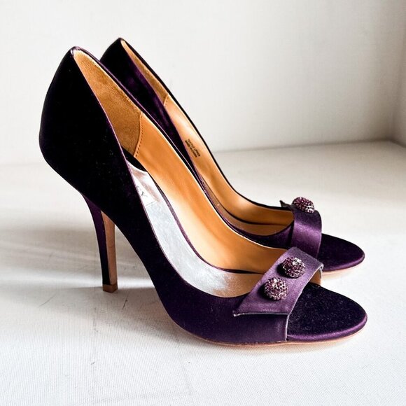 Badgley Mischka Purple Satin Rhinestine Open Toe Heels 7 - Picture 1 of 5